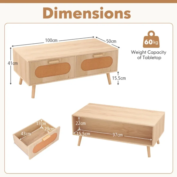 Salontafel rotan woonkamertafel met 2 laden en achtervak koffietafel met massieve houten poten modern bijzettafel 100 x 50 x 41 cm 3