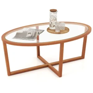 Salontafel van gehard glas moderne ovale salontafel met kruisvoet en poten van acaciahout minimalistische bijzettafel voor kleine ruimtes 1