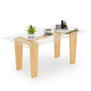 Salontafel van gehard glas moderne rechthoekige centrale tafel van 100 cm met massief rubberhouten poten minimalistische cocktailtafel 1