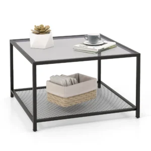 Salontafel van glas glazen tafel met 2 niveaus woonkamertafel met netplank en oppervlak van gehard glas koffietafel (grijs en zwart) 1