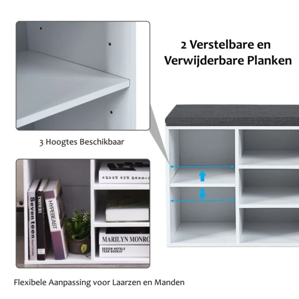 Schoenenbank met zitting schoenenrek schoenenladekast 10 kubus opbergbankkast met plank en zitkussenhout wit 5