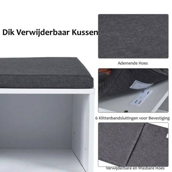 Schoenenbank met zitting schoenenrek schoenenladekast 10 kubus opbergbankkast met plank en zitkussenhout wit 7