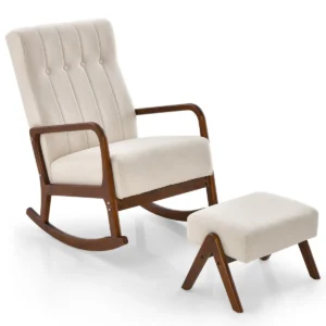 Schommelstoel met voetenbank gestoffeerde stoffen schommelstoel met massief rubberhouten frame en gestoffeerd kussen beige 1
