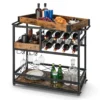Serveerwagen met 3 niveaus met afneembaar dienblad keukentrolley met 2 rijen glazen houders en 8 wijnrekken houten trolley vintage 1
