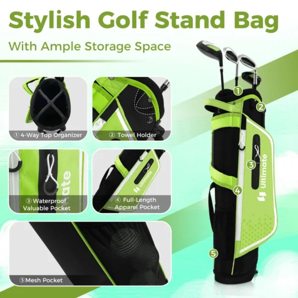 Set golfclubs voor kinderen rechtshandig golfclubset met golftas regenhoes complete golfset incl. 7/9/s ijzer 1 driver 4 hybride putter groen 7