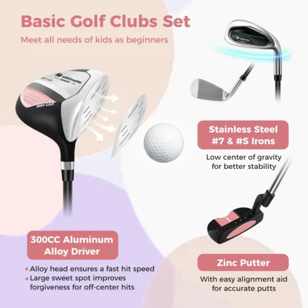 Set golfclubs voor kinderen rechtshandig golfclubset met golftas regenhoes complete golfset incl. 7/9/s ijzer 1 driver 4 hybride putter roze 5