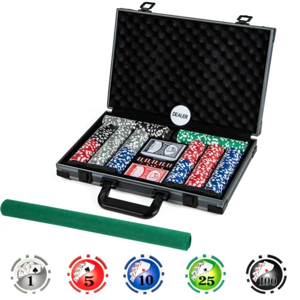 Set texas hold'em pokerchips 400 casino pokerchips 2 decks kaarten dealerchip 5 dobbelstenen vilten mat aluminium koffer voor familieavonden 2