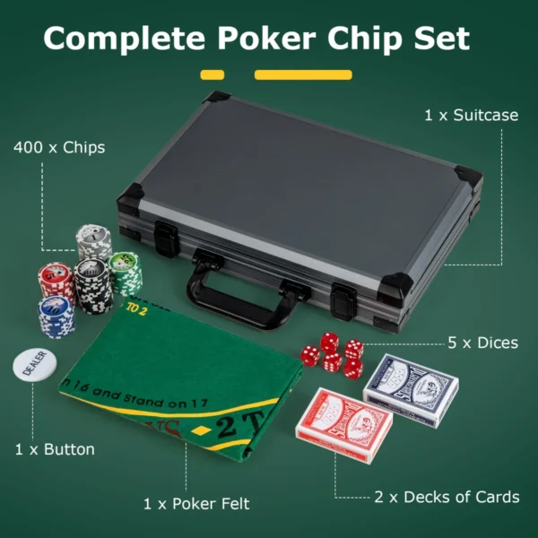 Set texas hold'em pokerchips 400 casino pokerchips 2 decks kaarten dealerchip 5 dobbelstenen vilten mat aluminium koffer voor familieavonden 4