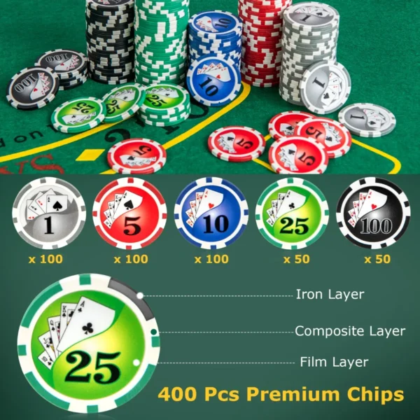 Set texas hold'em pokerchips 400 casino pokerchips 2 decks kaarten dealerchip 5 dobbelstenen vilten mat aluminium koffer voor familieavonden 5