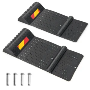 Set van 2 anti slip wielstops voor in de garage parkeerhulpmat met waarschuwingsstrook bandengeleider voor voertuigen zwart 1
