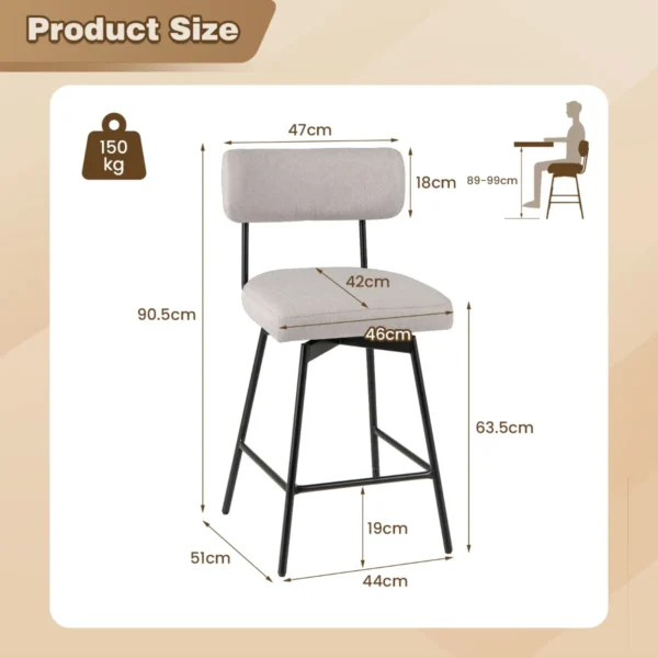 Set van 2 barkrukken draaibaar barstoel bekleed met rugleuning 63,5 cm zithoogte keukenstoel met metalen frame beige 2