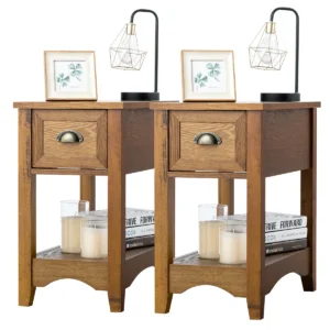 Set van 2 bijzettafels met lade en plank 2 verdiepingen sofatafel smal nachtkastje koffietafel 56 x 33 x 58,5 cm (geelbruin) 1