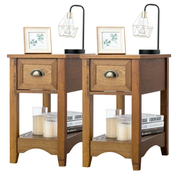 Set van 2 bijzettafels met lade en plank 2 verdiepingen sofatafel smal nachtkastje koffietafel 56 x 33 x 58,5 cm (geelbruin) 1