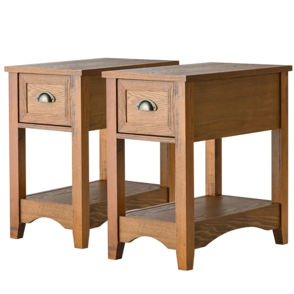 Set van 2 bijzettafels met lade en plank 2 verdiepingen sofatafel smal nachtkastje koffietafel 56 x 33 x 58,5 cm (geelbruin) 2