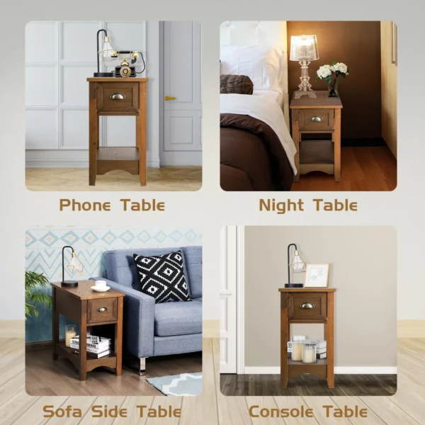 Set van 2 bijzettafels met lade en plank 2 verdiepingen sofatafel smal nachtkastje koffietafel 56 x 33 x 58,5 cm (geelbruin) 7