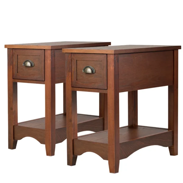 Set van 2 bijzettafels met lade en plank 2 verdiepingen sofatafel smal nachtkastje koffietafel 56 x 33 x 58,5 cm (roodbruin) 2