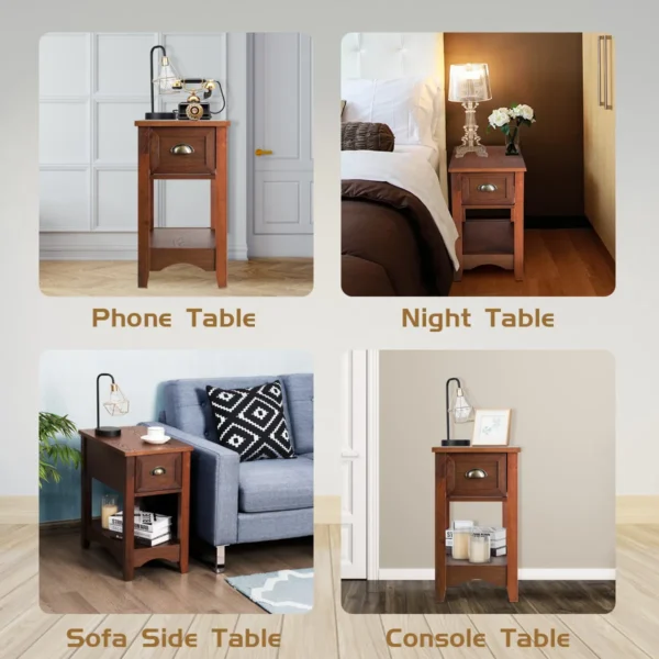 Set van 2 bijzettafels met lade en plank 2 verdiepingen sofatafel smal nachtkastje koffietafel 56 x 33 x 58,5 cm (roodbruin) 7