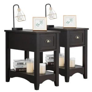Set van 2 bijzettafels met lade en plank 2 verdiepingen sofatafel smal nachtkastje koffietafel 56 x 33 x 58,5 cm (walnoot) 1