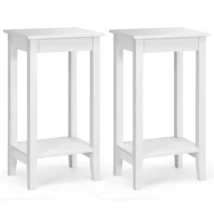 Set van 2 bijzettafeltjes met plank hoge 2 verdiepingen met 4 massief houten poten rechthoekige opbergtafel gangtafel plantentafel (wit) 1