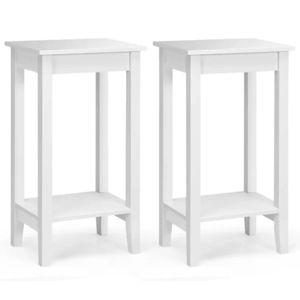 Set van 2 bijzettafeltjes met plank hoge 2 verdiepingen met 4 massief houten poten rechthoekige opbergtafel gangtafel plantentafel (wit) 1