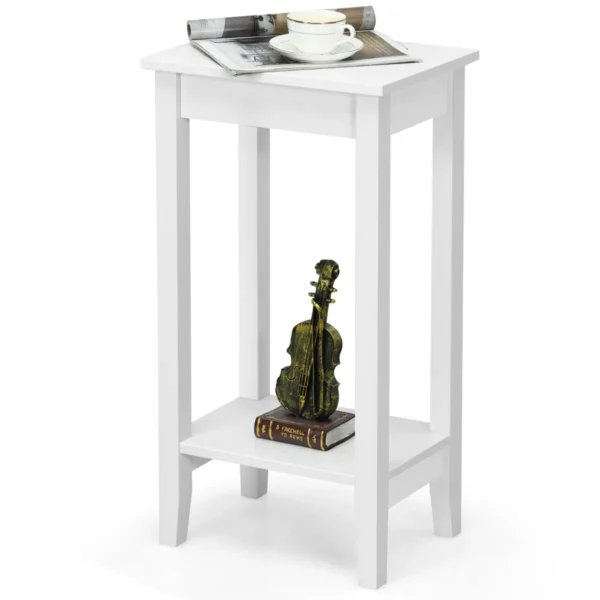 Set van 2 bijzettafeltjes met plank hoge 2 verdiepingen met 4 massief houten poten rechthoekige opbergtafel gangtafel plantentafel (wit) 2