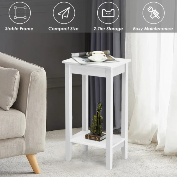 Set van 2 bijzettafeltjes met plank hoge 2 verdiepingen met 4 massief houten poten rechthoekige opbergtafel gangtafel plantentafel (wit) 4