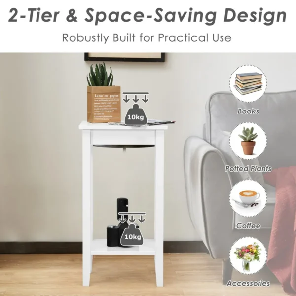Set van 2 bijzettafeltjes met plank hoge 2 verdiepingen met 4 massief houten poten rechthoekige opbergtafel gangtafel plantentafel (wit) 5