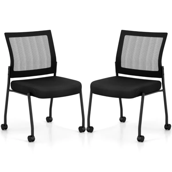 Set van 2 conferentiestoelen stapelbare bezoekersstoelen met wieltjes netrug en gevoerde zitting armloze stapelstoelen voor kantoor 1