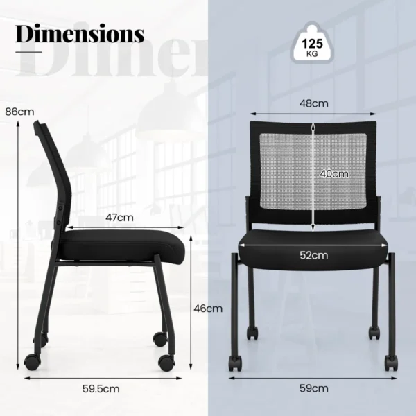 Set van 2 conferentiestoelen stapelbare bezoekersstoelen met wieltjes netrug en gevoerde zitting armloze stapelstoelen voor kantoor 2