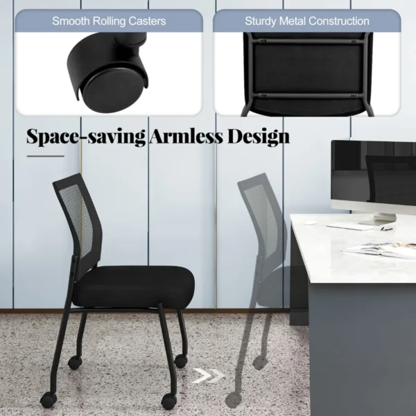 Set van 2 conferentiestoelen stapelbare bezoekersstoelen met wieltjes netrug en gevoerde zitting armloze stapelstoelen voor kantoor 5