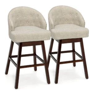 Set van 2 draaibare barstoelen rubberhouten poten gecapitonneerde rugleuning ademende linnen stof voor bar hotelgebruik 1