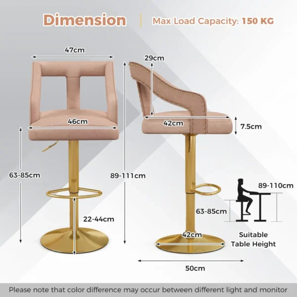 Set van 2 draaibare en verstelbare barstoelen gegalvaniseerd metalen onderstel antislipring nederlandse fluwelen barstoel roze 2