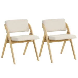 Set van 2 eetkamerstoelen klapstoel met rubberhouten poten gestoffeerde zitting en rugleuning geen montage nodig naturel en beige 1
