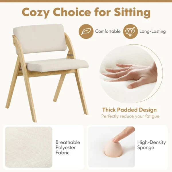 Set van 2 eetkamerstoelen klapstoel met rubberhouten poten gestoffeerde zitting en rugleuning geen montage nodig naturel en beige 3