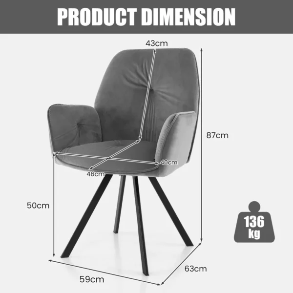 Set van 2 fluwelen stoel 360 graden draaistoel met metalen poten/brede rugleuning/ergonomische armleuningen grijs 2