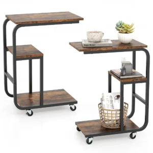 Set van 2 industriële c vormige bijzettafels ruimtebesparende salontafel metalen frame vergrendelbare wielen rustiek bruin 1