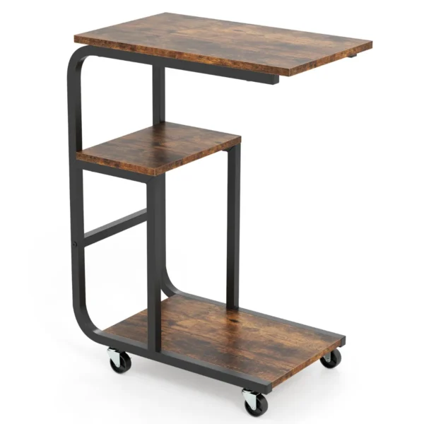 Set van 2 industriële c vormige bijzettafels ruimtebesparende salontafel metalen frame vergrendelbare wielen rustiek bruin 2