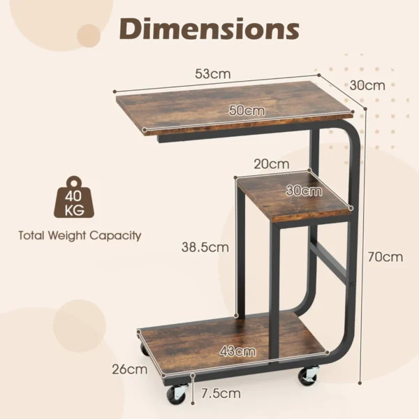 Set van 2 industriële c vormige bijzettafels ruimtebesparende salontafel metalen frame vergrendelbare wielen rustiek bruin 3