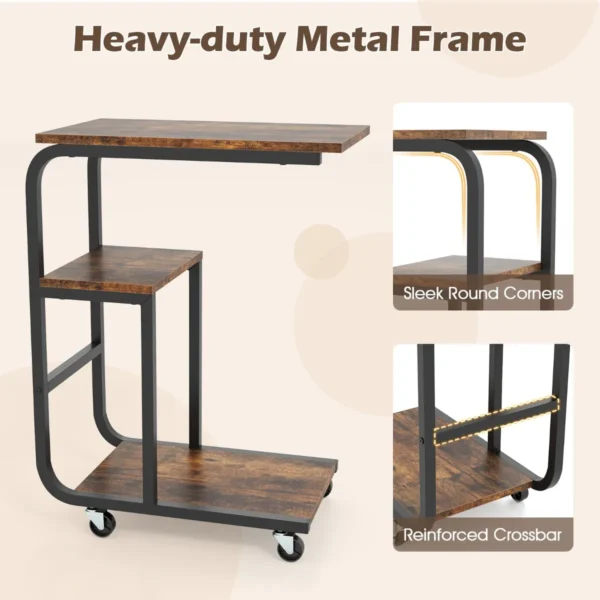 Set van 2 industriële c vormige bijzettafels ruimtebesparende salontafel metalen frame vergrendelbare wielen rustiek bruin 6