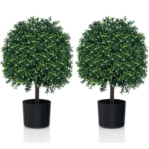 Set van 2 kunstmatige vormbomen van buxus nep bolplanten met uv bestendige bladeren 343 witte vruchten kunstplanten in pot 1