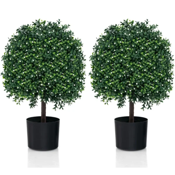 Set van 2 kunstmatige vormbomen van buxus nep bolplanten met uv bestendige bladeren 343 witte vruchten kunstplanten in pot 1