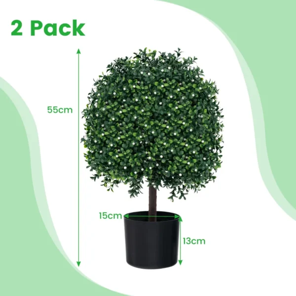 Set van 2 kunstmatige vormbomen van buxus nep bolplanten met uv bestendige bladeren 343 witte vruchten kunstplanten in pot 2