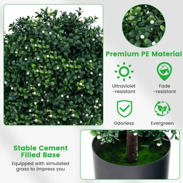 Set van 2 kunstmatige vormbomen van buxus nep bolplanten met uv bestendige bladeren 343 witte vruchten kunstplanten in pot 3