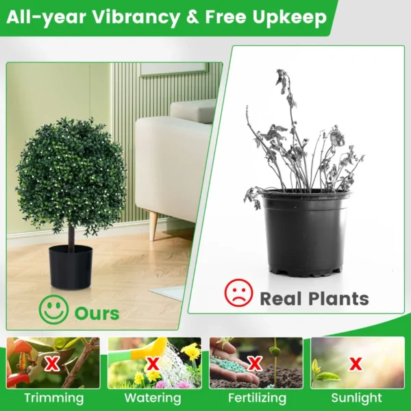 Set van 2 kunstmatige vormbomen van buxus nep bolplanten met uv bestendige bladeren 343 witte vruchten kunstplanten in pot 5