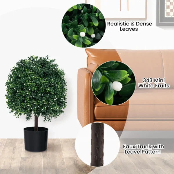 Set van 2 kunstmatige vormbomen van buxus nep bolplanten met uv bestendige bladeren 343 witte vruchten kunstplanten in pot 6