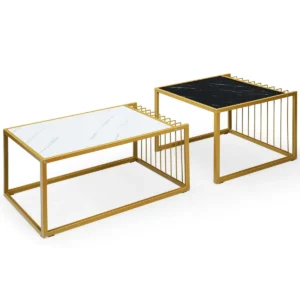 Set van 2 moderne nesttafel stapelbare zij koffietafel waterdicht gemarmerde tafelblad vrije combinatie industrieel ontwerp 1
