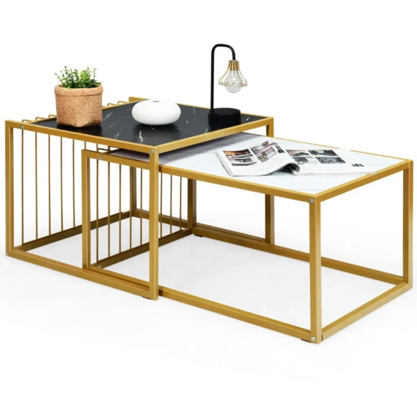 Set van 2 moderne nesttafel stapelbare zij koffietafel waterdicht gemarmerde tafelblad vrije combinatie industrieel ontwerp 2