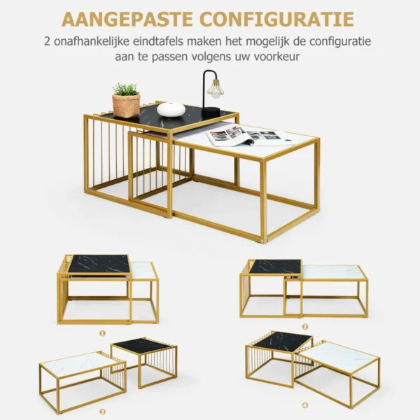 Set van 2 moderne nesttafel stapelbare zij koffietafel waterdicht gemarmerde tafelblad vrije combinatie industrieel ontwerp 5