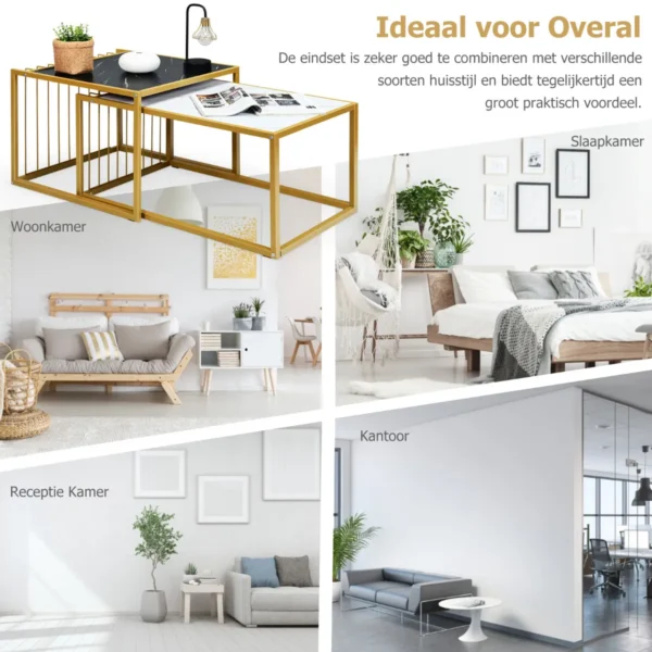 Set van 2 moderne nesttafel stapelbare zij koffietafel waterdicht gemarmerde tafelblad vrije combinatie industrieel ontwerp 6
