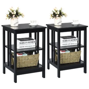 Set van 2 nachtkastje bijzettafel 3 niveaus banktafel voor slaapkamer woonkamer 40 x 40 x 61 cm (ii vormig zwart) 1